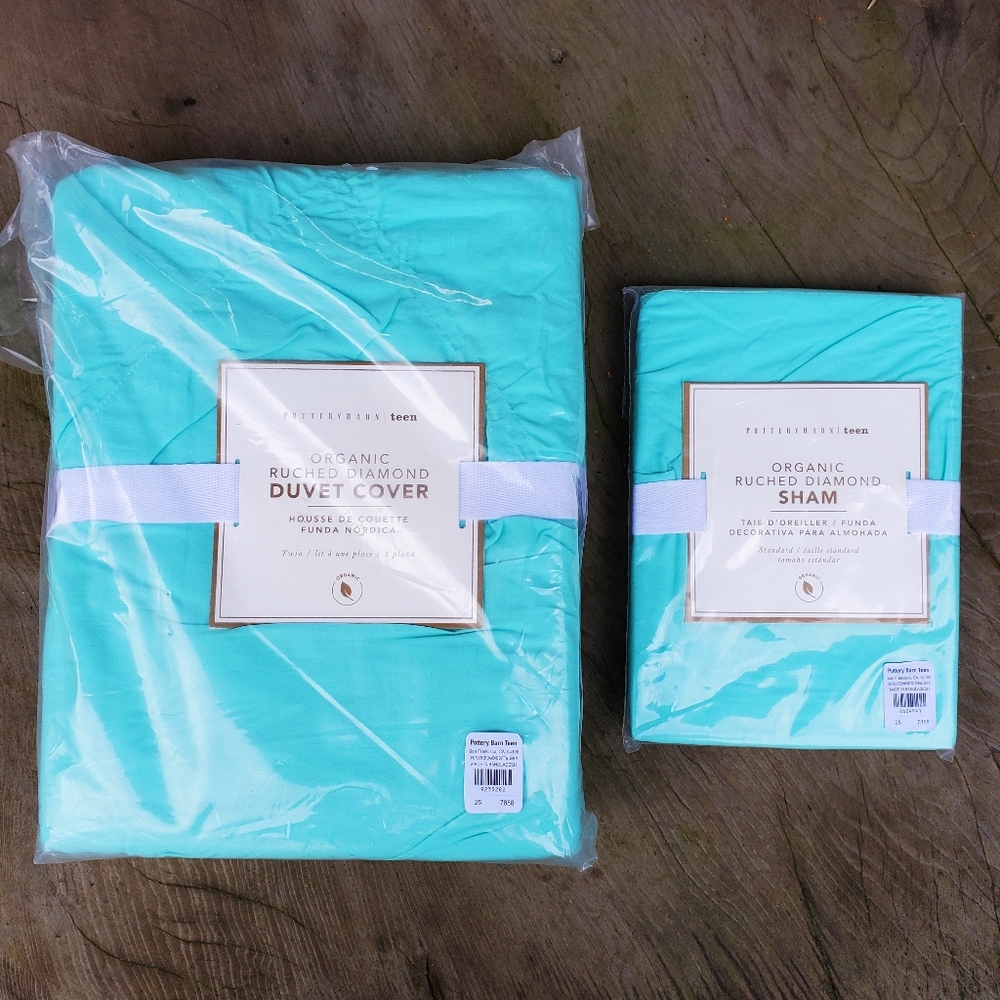 Pottery Barn Organic Ruched Diamond Twin XL Duvet Cover & Sham Turquoise Blue